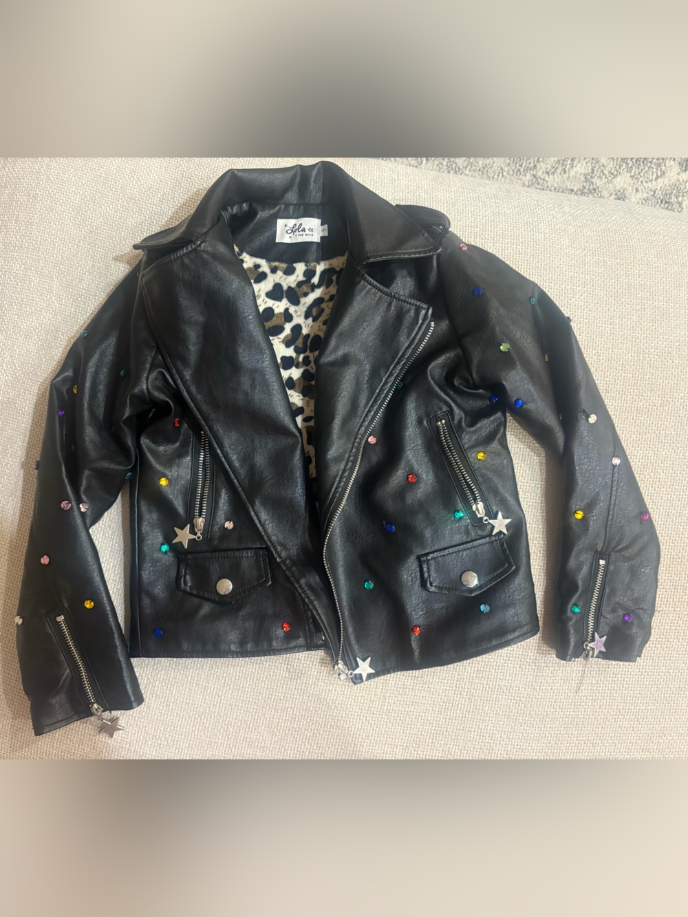Lola + The Boys Black Faux Leather Jacket with Multicolor Studs
